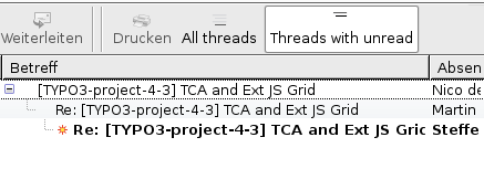 Thunderbird screenshot showing only threads with unread postings